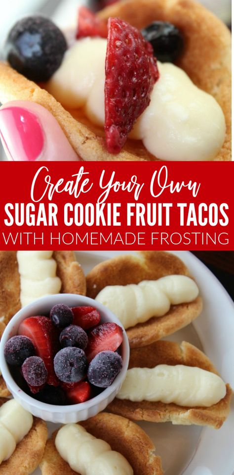 Sugar Cookie Fruit Tacos! Create your own Sugar Cookie Fruit Tacos with Homemad Cream Cheese Frosting! These Dessert Tacos are so easy to make and a favorite party dessert recipe! Add your own fruit toppings or sprinkles! #lemonpeony #sugarcookies #fruit #tacos #fruitcookie #desserttacos Cookie Tacos, Taco Dessert, Fruit Tacos, Blue Desserts Recipes, Fruit Taco, Homemade Cream Cheese Icing, Traditional Easter Desserts, Fruit Sugar Cookies, Fruit Cookie