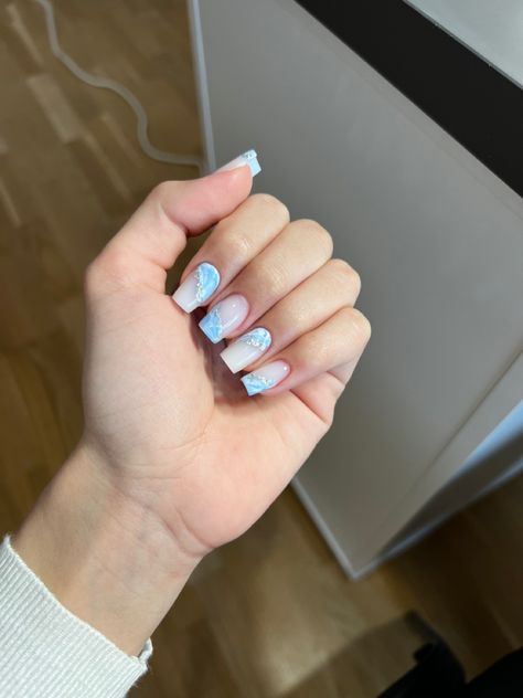 Milky white Blue waves nails 2022 Milky White And Blue Nails, Waves Nails, Nails Milky White, Nails Milky, Wave Nails, Milky Nails, Beach Nails, Milky White, Blue Waves