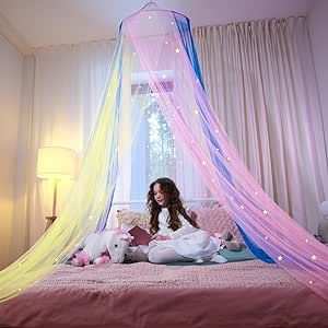 Kids Princess Bed, Bed Canopy Kids, Rainbow Canopy, Bed Kind, Canopy Pink, Bed Canopy With Lights, Rainbow Bed, Bedroom Canopy, Girls Canopy