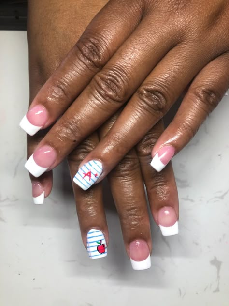 Preschool Teacher Nails Designs, Math Teacher Nails, Back To School French Tip Nails, School Theme Nails, School Inspired Nails, Crayon Nails Designs, Back To School Dip Nails, Teacher Nails Designs Back To School, School Themed Nails