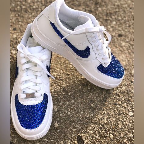 Bling Air Force One with Rhinestones Royal Blue Shoes Sneakers, Bride Air Force Ones, Glitter Nikes, Air Force Wedding, Bedazzled Shoes, Elegant Wedding Shoes, Custom Sneakers Diy, Blue Quince, Custom Bling