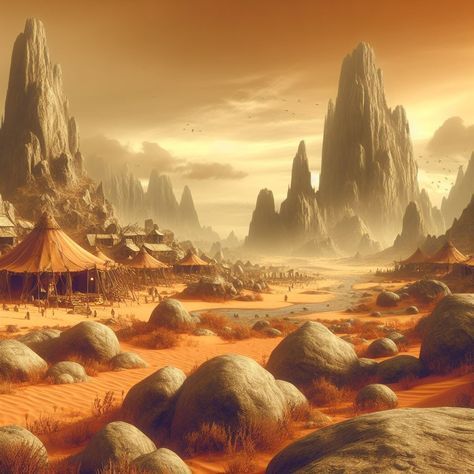 Desert Nomad Fantasy Art, Fantasy Canyon City, Desert Fantasy Landscape, Desert Town Concept Art, Fantasy Desert Village, Desert Mountains Landscapes, Desert Village Fantasy Art, Fantasy Desert Oasis, Fantasy Desert Aesthetic