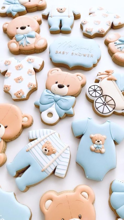 Teddy Bear theme Baby Shower cookies decorated by Nina Marie Sweet Designs [Video] | Baby shower sweets, Baby bear baby shower, Baby shower cookies Baby Shower Cookies Decorated, Teddy Bear Baby Shower Decorations, Baby Shower Oso, Teddy Bear Baby Shower Theme, Bear Baby Shower Cake, Boy Baby Shower Centerpieces, Baby Shower Sweets, Classy Baby Shower, Bear Baby Shower Theme