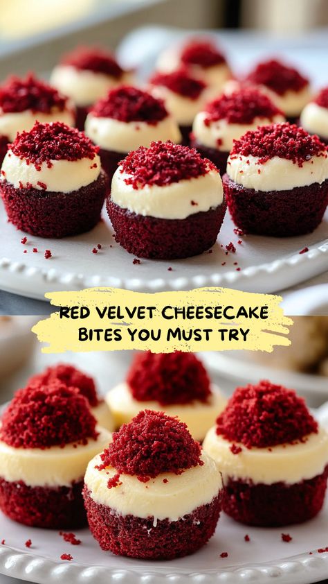 These bite-sized Red Velvet Cheesecake treats are creamy, decadent, and perfect for parties or gifting! A must-try for red velvet lovers. Red Velvet Cheesecake Bites, Cheesecake Treats, Velvet Cheesecake, Red Velvet Cheesecake, Cheesecake Bites, Bite Size, Red Velvet, Cheesecake, Velvet