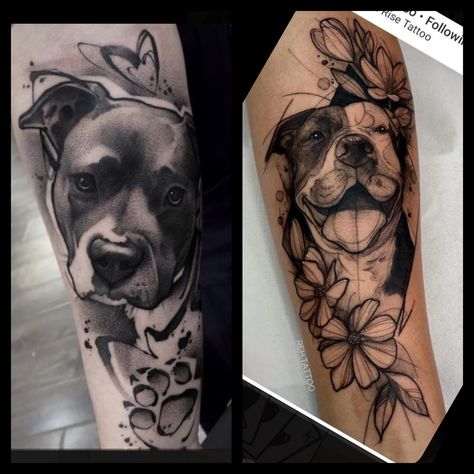 Half Sleeve Dog Tattoos For Women, Dog Themed Tattoo Sleeve, Pitbull Hand Tattoo, Pitbull Tattoo Design, Pitbull Tattoo For Women Sleeve, Elsa Tattoo, Dog Portrait Tattoo Thigh, Bishop Tattoo, Dog Portrait Tattoo With Flowers