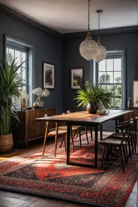 Bohemian dining space with vibrant rug and artwork Dark Bohemian Dining Room, Bright Boho Dining Room, Global Dining Room, Vintage Inspired Dining Room, Small Moody Dining Room, Eclectic Decor Dining Room, Grey Dining Room Decor, Jewel Tone Dining Room, Dark Moody Dining Room