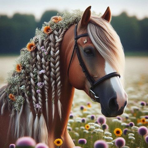 Horse with Braided Mane A close-up of a beautiful horse with a neatly braided mane, adorned with delicate flowers, standing in a field of wildflowers. #horse #homesweethome #horses #horsesofinstagram #horseriding #horsepower #reelsinstagram #trendingreels #trendingreels #reels #viralvideos #instagram #tiktok #reelsvideo #instalike #top #toptags Horse Hairstyles, Horse Braids, Standing In A Field, Horse Braiding, Field Of Wildflowers, Horse Illustration, Horse Tattoo, Friesian Horse, Beautiful Horse