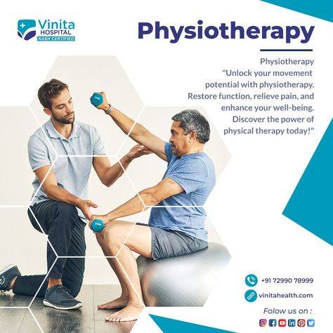 Physiotherapy Unlock your movement potential with physiotherapy. Restore function, relieve pain, and enhance your well-being. Discover the power of physical therapy today! Reach us @ 72990-78999 & 044 6903-9999 Visit@ www.vinitahealth.com #VinitaHospital #VinitaHealth #healthylifestyle #Orthopaedic #excellenttreatment #appearance #Rehabilitation #InjuryRecovery #PainManagement #Mobility Physiotherapy Ads, Healthcare Advertising, Physical Rehabilitation, Creative Banners, Injury Recovery, White Kurta, After Surgery, Physical Therapy, Well Being