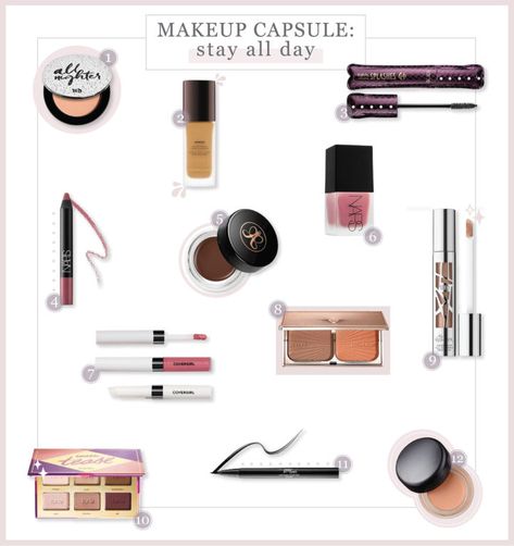 Makeup Capsule: Stay All Day // by Kate Bryan at the Small Things Blog Makeup Capsule, Capsule Makeup, All Day Makeup, Makeup Chart, Aunt Vibes, Nars Liquid Blush, Kate Bryan, The Small Things Blog, Beverly Ennis Hoyle