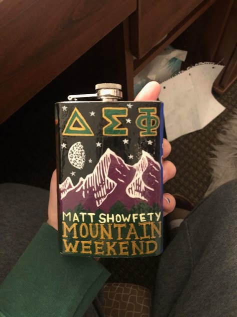 Mountain Weekend Flask, Painted Flask Fraternity, Frat Flask Painted, Frat Painting, Flask Painting, Fraternity Flask, Painted Fraternity Coolers, Painted Flask, Formal Cooler Ideas