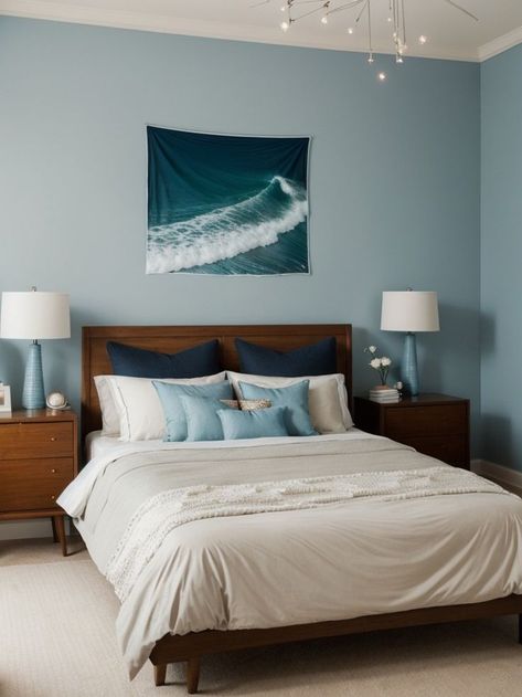 Frank Ocean Bedroom, Ocean Bedroom Ideas, Ocean Inspired Bedroom, Blues And Neutrals, Minimalist Color Palette, Ocean Bedroom, Star String Lights, Bedroom Colour Palette, Inspired Bedroom