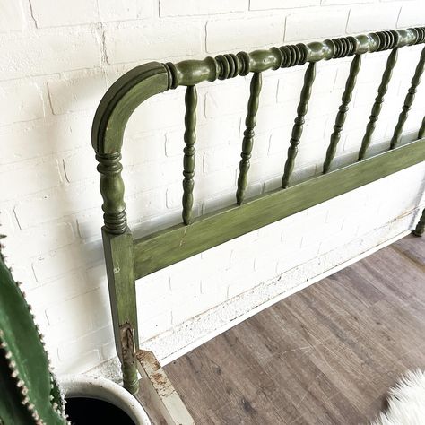 Vintage Avocado Green Jenny Lind Style Queen Bed Frame $300 Green Painted Bed Frame, Green Bed Twin, Green Bedframe Aesthetics, Dark Green Wooden Bed Frame, Style Queen Bed, Antique Wood Bed Frame Twin, Jenny Lind, Queen Bed Frame, Avocado Green