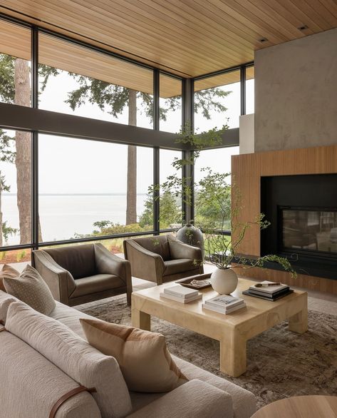 This Scandinavian-inspired lake house designed by McClellan Architects is set on Bellingham Bay, Washington State. Modern Rustic Living Room, Wooden Ceilings, Big Windows, Modern Cabin, Floor To Ceiling Windows, Scandinavian Inspired, Elegant Homes, Large Windows, Beautiful Interiors