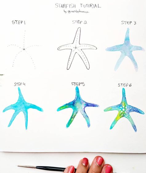 TUTORIAL! Today I am sharing a step by step of a starfish with you guys! Hope you like it. If you try this technique tag… Starfish Drawing, Step By Step Watercolor, Watercolor Water, Painting Canvases, Watercolor Paintings Easy, Gcse Art, Step By Step Painting, Art Instructions, Watercolour Tutorials