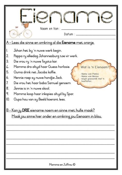 Graad 5 Afrikaans, Afrikaans Worksheets, Inspirational Quotes Encouragement, Proper Nouns, Teacher Activities, Homeschool Crafts, Language Worksheets, Teachers Aide, Teaching Time