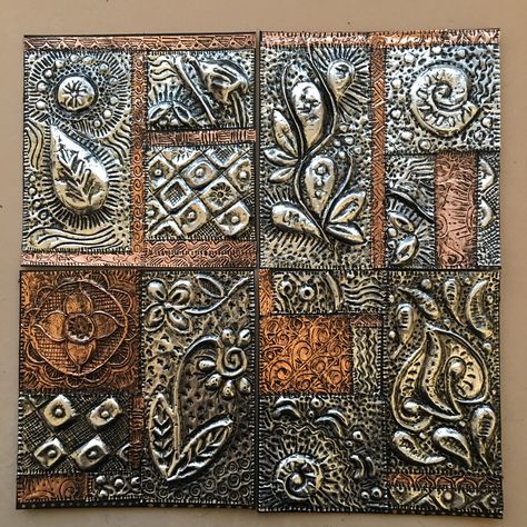 Tin Foil Art, Metal Embossing Art, Metal Art Techniques, Copper Artwork, Aluminum Foil Art, Pewter Art, Art Projects Ideas, Clay Wall Art, Diy Wall Art Decor