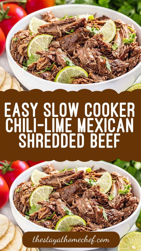 An easy slow cooker chili-lime shredded beef recipe for use in tacos, quesadillas, burritos, and more! You're going to love it! Shredded Green Chili Beef, Beef Green Chili, Warm Winter Meals, Shredded Beef Recipe, Hearty Chili Recipe, Slow Cooker Chili Easy, Shredded Beef Recipes, Green Chili Recipes, Mexican Shredded Beef