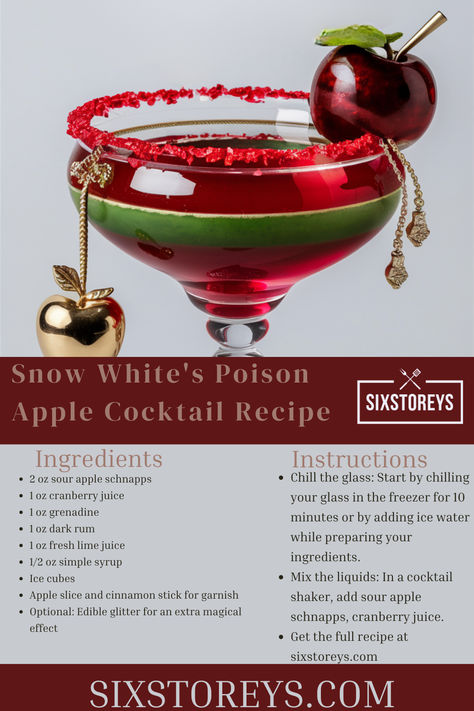 Snow White's Poison Apple Cocktail Recipe Snow White Cocktail, Halloween Apple Drinks Alcohol, Poison Apple Cocktail Recipe, Snow White Cocktail Drink Recipes, Snow Whites Poison Bite, Apple Cocktail Recipes, Snow White Poison Apple, Apple Schnapps, Apple Cocktail