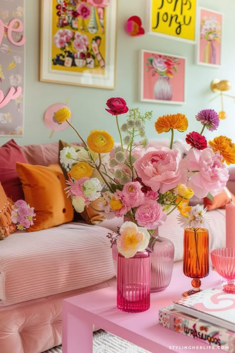 Colorful Things Aesthetic, Maximalist Pink Living Room, Colorful Accent Decor, Room With Flowers Decor, Pink Room Maximalist, Simple Colorful Room Decor, Maximalist Lounge Room, Dream House Colorful, Bold Color Decor