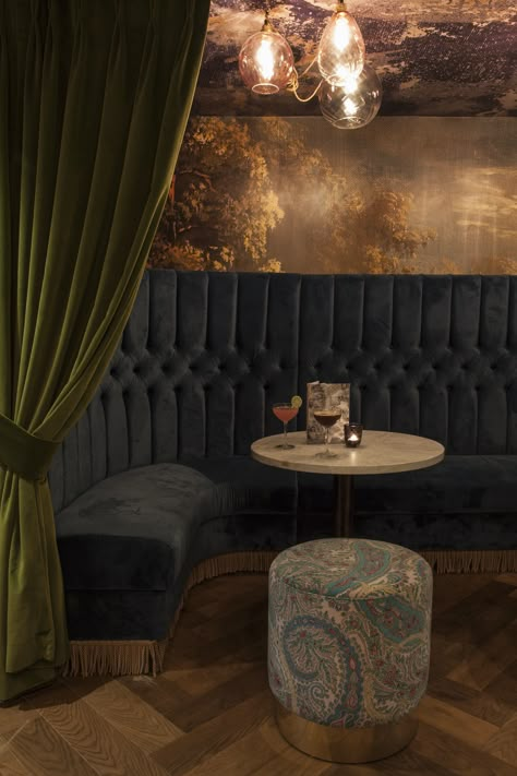 High Back Booth Seating, Elegant Banquette Seating, Tall Booth Seating, Cozy Booth Seating, High Banquette Seating, High Booth Seating, Cozy Bar Lounge Seating Areas, Speakeasy Booth Seating, Black Velvet Booth Seating