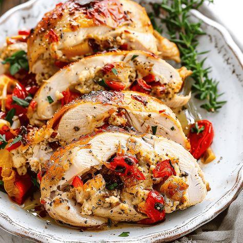 This Savory Stuffed Chicken with Asiago and Roasted Peppers recipe is a delightful combination of juicy chicken breasts filled with a flavorful mixture of tomatoes, asiago cheese, parsley, roasted red ... Read more Asiago Stuffed Chicken, Christmas Stuffed Chicken, Chicken Recipes For Christmas Dinner, 2 Chicken Breast Recipes, Christmas Meal Recipes, Chicken 555 Recipe, Stuffed Roasted Chicken, Chicken 3 Ingredients, Stove Top Chicken Breast Recipes