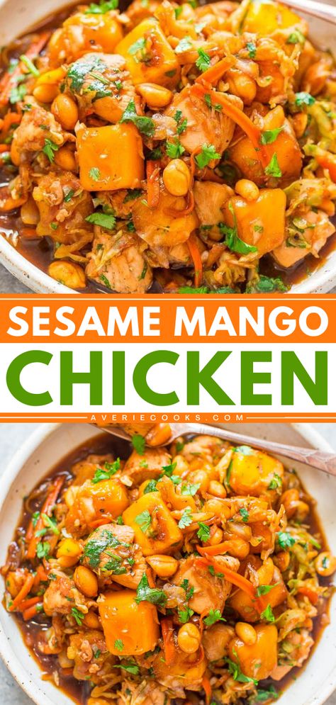 Whip up this Sesame Mango Chicken! This simple chicken recipe in one skillet is ready in just 15 minutes. Healthy yet flavorful, this sesame chicken with mango is an easy summer dinner everyone will enjoy! Mango Chicken Recipes, Chicken With Mango, Cabbage And Carrots, Chicken Recipes Healthy, Mango Chicken, Fast Cooking, Averie Cooks, One Skillet, Easy Asian