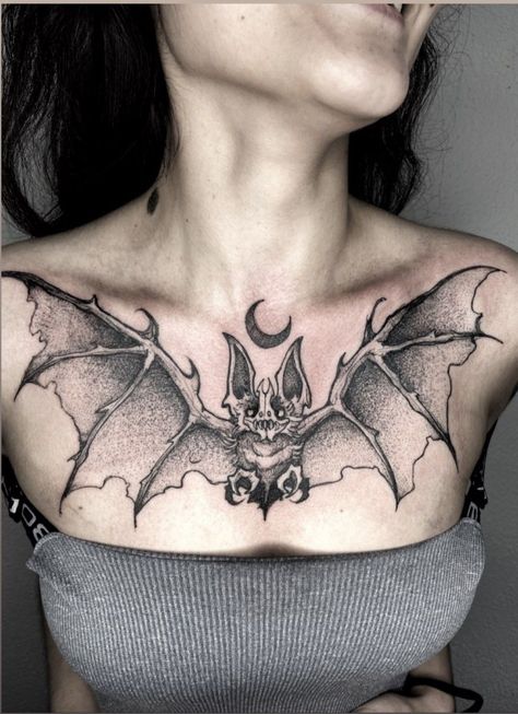 Chest Tattoo Bat, Moth Tramp Stamp, Bat Chest Tattoo, Full Chest Tattoos, Gothic Tattoos, Emo Tattoos, Optical Illusion Tattoos, Illusion Tattoos, Optical Illusion Tattoo