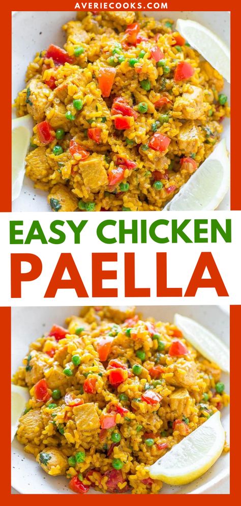 Easy Chicken Paella Recipe - Averie Cooks Chicken Paella Recipe, Chicken Paella, Weeknight Dinner Recipes, Cilantro Chicken, Averie Cooks, Favorite Recipes Chicken, Paella Recipe, Chicken Appetizers, Easy Seafood