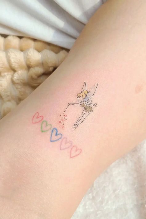 Tinkerbell Ankle Tattoo, Tinkerbell Tattoo Color, Fairy Tattoo Colorful, Simple Tinkerbell Tattoo, Bell Tattoo Ideas, Tinkerbell Tattoo Ideas, Small Outline Tattoos, Tattoo Tinkerbell, Tinkerbell Tattoo