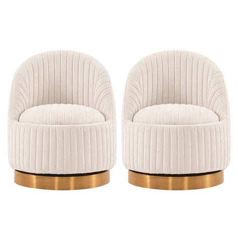 Elevate your living room with our exquisite Modern Leela Swivel Accent Chair, designed to marry style and comfort. Meticulously crafted from high-quality pine wood, its brushed gold metal base adds a touch of fashion while ensuring durability. Luxuriously upholstered in Boucle and featuring high-density foam padding, it guarantees a plush seating experience. This chair boasts stunning vertical ribbed stitching on a 360-degree swivel golden base for a modern aesthetic. With inner seat dimensions Accent Chair Set, Upholstered Accent Chairs, Swivel Barrel Chair, Swivel Accent Chair, Manhattan Comfort, Modern Accent Chair, Preppy Room, Cute Room Ideas, Boho Room