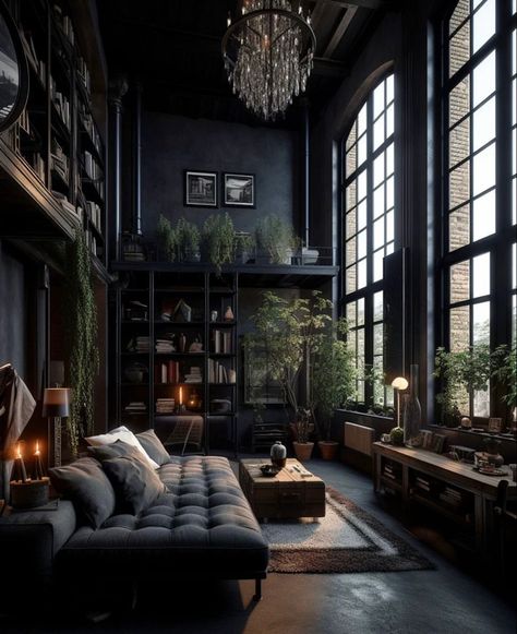 Sleek Black Living Room, Dark House Library, Loft Dark Interior, Dark Forest Home Aesthetic, Dark Loft Bedroom, Dark Vintage Interior, Dark Home Asethic, Dark Luxury Interior, Modern Gothic House Plans