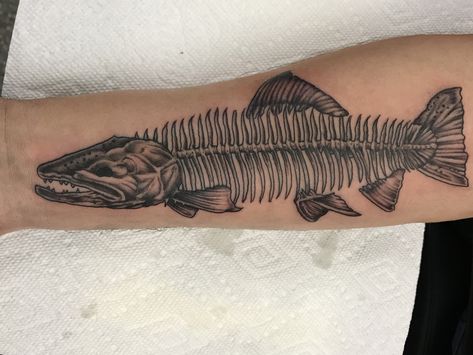 King Salmon Fish Skeleton tattoo Salmon Skeleton Tattoo, Salmon Skeleton, Fish Skeleton Tattoo, Logan Tattoo, Fish Bone Tattoo, Tattoo Fishing, Salmon Tattoo, Travel Tattoo Ideas, Skeleton Tattoo