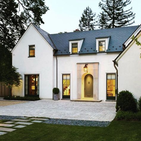 Mike + Nikki Hall on Instagram: "White smooth stucco is dreamy. Tonight I was up discussing exteriors with my dad until midnight :) I love this look, but we will add some board and batten, brick and lap to our build. I'm wondering if I could do the smooth on the sides.... 🤔 #whitestucco #smoothstucco #whiteexterior #selfbuild #ownerbuild #customhomediy #dreamy" French Country Farmhouse Exterior, Smooth Stucco, Country Farmhouse Exterior, French Entry Doors, Country Home Exterior, French Country Exterior, French Country Modern, Stucco Homes, House Design Exterior