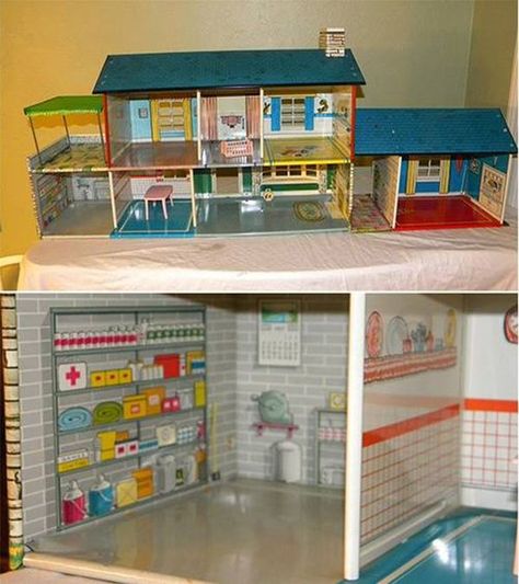 A Little Slice of Vintage Life Tin Dollhouse, Furniture Box, Tin House, Fallout Shelter, Vintage Dollhouse, Pink Doll, Plastic Furniture, Steel Furniture, Vintage Life