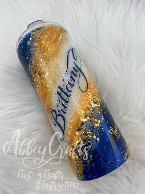 Penn State Tumbler Ideas, Ffa Tumbler Cups, Blue And Yellow Glitter Tumbler, Ffa Tumbler, Xmas Tumblers, Cheer Cups, Tumbler Techniques, Milkyway Tumbler, Glass Tumbler Design