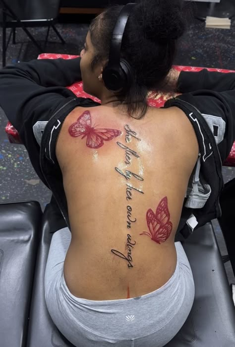 Trap Stamp Tattoos Black Women, Baddie Spine Tattoo Ideas Female, Butterfly Tattoo Down The Spine, Spine Tat With Butterfly, Back Tattoo Women Spine Unique Butterfly, Feminine Spine Tattoos Butterfly, Back Tattoo Ideas Female, Baddie Spine Tattoo Butterfly, Dope Back Tattoos For Women