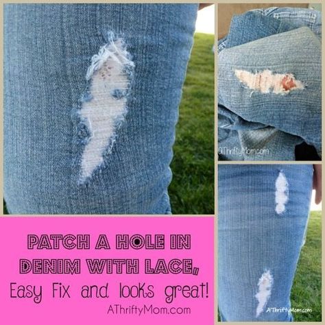 Patching denim holes with lace How To Fix Distressed Jeans Hole, Things To Do With Old Jeans, Patching Jeans, Fabric Upcycling, Holes In Jeans, How To Patch Jeans, Holy Jeans, Jeans Tutorial, Sewing Area