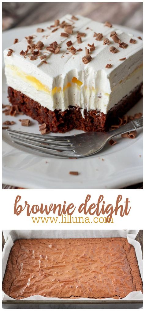 Brownie Delight is a delicious 4-layer dessert that is cool, creamy and chocolate-y. It is deliciously refreshing! #browniedelight #browniedelightrecipe #brownies #desserts #chocolatedessert Brownie Delight Recipes, Brownie Delight Desserts, Truffle Desserts Layered, 4 Layer Delight, Brownie Delight, Pudding Desserts Layered, Layer Dessert, Cookie Dough Cake, Brownie Bars