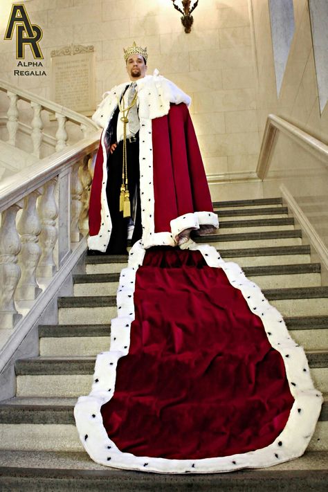 https://alpharegalia.com/products/sovereign-series-kings-coronation-robe-with-a-train-royal-burgundy?variant=36040530577 Royal Cloak, King Cape, Inexpensive Halloween Costumes, Coronation Gown, Coronation Robes, King Dress, King Costume, King Outfit, Royal King