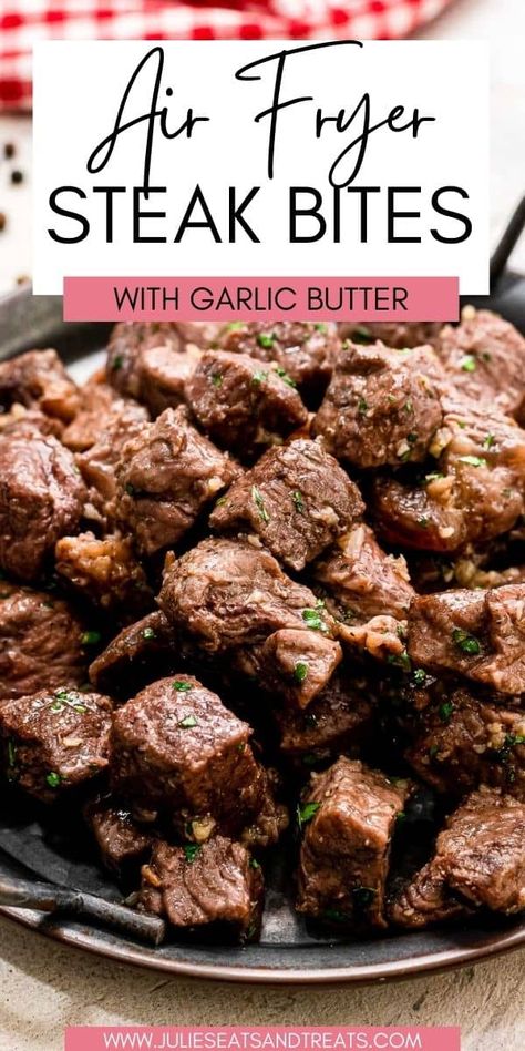 Airfryer Garlic Butter Steak Bites, Air Fry Steak Bites Recipes, Ribeye Steak Bites In Air Fryer, Air Fried Steak Tips, Healthy Air Fryer Steak Bites, Sirloin Recipes Easy, Air Fry Steak Bites And Potatoes, Air Fry Garlic Butter Steak Bites, Best Air Fryer Steak Recipes