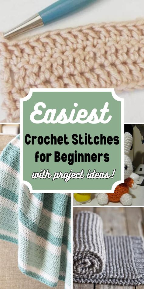 This is a collection of all easy crochet stitches for beginners. You can use these to make blankets or other simple projects. These stitch tutorials include simple stitches like single crochet, half double crochet, double crochet, granny stitch, and textured stitches like the Mini bean stitch. Crochet Stitch Guide For Beginners, Single Stitch Crochet Blanket Pattern, Single Crochet Only Projects, Crochet Patterns Single Crochet, Simple Single Crochet Projects, Easy Single Crochet Projects For Beginners Free Pattern, Crochet Projects For Absolute Beginners, Very Easy Crochet For Beginners, Easy Crochet Techniques