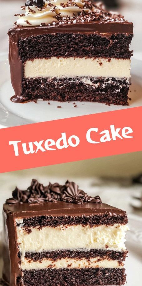 Tuxedo Cake Delight Recipe: Exquisite Chocolate Layer Cake Discover the perfect Tuxedo Cake recipe, featuring layers of rich chocolate cake, creamy white chocolate ganache, and decadent dark chocolate ganache. Ideal for celebrations and special occasions, this showstopping dessert promises a delightful blend of textures and flavors that will impress every guest. Chocolate Swiss Cake Recipe, Layered Chocolate Cake Recipe, Tuxedo Cake Recipe Easy, Catch A Husband Cake Recipe, Chocolate Tuxedo Cake, Tuxedo Cake Recipe, 3 Layers Cake, Layered Cake Recipe, 3 Layer Cake