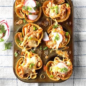 Chicken Tostada Cups Recipe -Several years ago I tried a version of these cups at a restaurant in Santa Fe, and I wanted to make my own spin. These are great for gatherings where you can let everyone add their own favorite toppings. —Marla Clark, Moriarty, New Mexico Bird Recipes, Devils Backbone, Finger Sandwich, Corn Tortilla Recipes, Tortilla Bake, Taco Cups, Leftover Chicken Recipes, Corn Tortilla, Tortilla Recipe