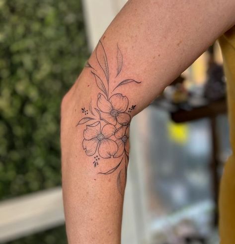 Dax Trail on Instagram: "✨ DOGWOOD ✨  this dogwood with little ornamental details is so fun!   thank you so much, Kelly! 💕" Dogwood Stamp Tattoo, Fine Line Dogwood Flower Tattoo, Pacific Dogwood Tattoo, Dogwood Flowers Tattoo, Dogwood Tattoos, Dogwood Flower Tattoo, Daffodil Flower Tattoos, Dogwood Tattoo, Dogwood Flower Tattoos