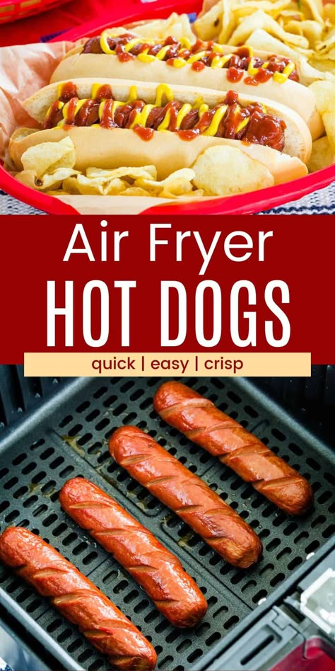 Ready in minutes, Air Fryer Hot Dogs are the best way to guarantee perfectly cooked hot dogs every time! Pile them with your favorite toppings and make everyone in your family happy. It's a great option to get that perfect snap when you can't get out to grill! Air Fryer Hotdogs, Air Fryer Easy Recipes, Hot Air Fryer Recipes, Air Fryer Hot Dogs, Fried Hot Dogs, Making Hot Dogs, Hot Air Fryer, Air Fryer Easy, Air Fryer French Fries