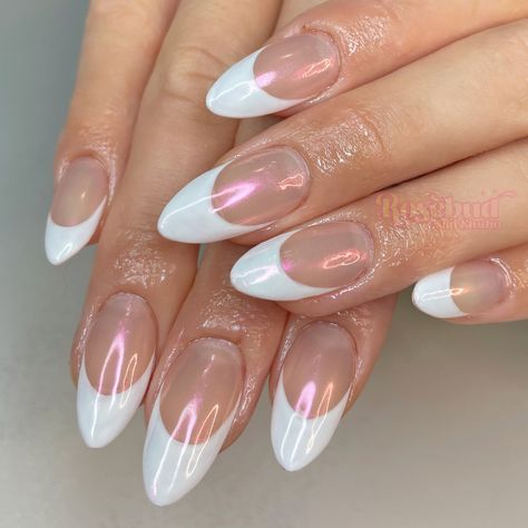 Glazed Nails French Tip, Holographic French Tip, Iridescent French Tip Nails, Aurora Nails, Builder Gel Nails, Korean Nails, French Nail Designs, Bling Acrylic Nails, French Tips