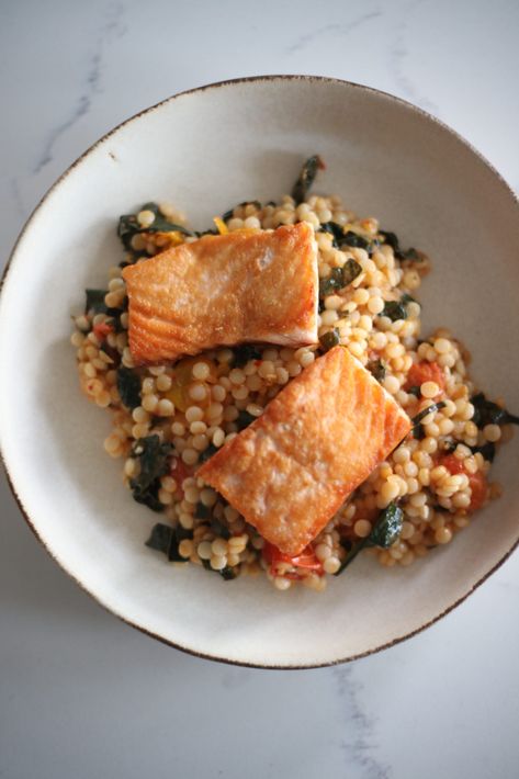 pan seared salmon, pearled couscous Kale Couscous, Pearled Couscous, Salmon Couscous, Sauteed Tomatoes, Salmon Quinoa, Moroccan Couscous, Kale Pasta, Pearl Couscous, Citrus Vinaigrette