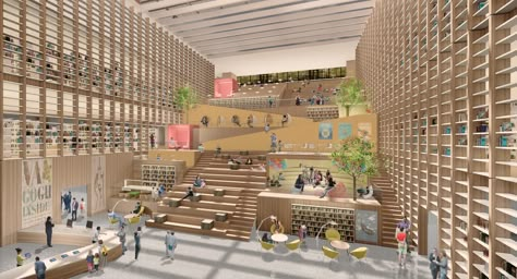 Gallery of BAF win National Library Tainan, Taiwan - 5 Library Atrium, Library Competition, Library Concept, Library Stairs, Library Design Ideas, Tiny Library, Valspar Colors, World Building Ideas, Mass Timber