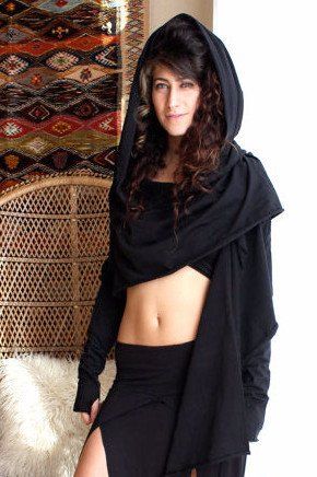 Crop Hooded Cardigan || Wrap Man Cardigan, Elven Fairy, Black Bohemian, Cape Wrap, Fairy Festival, Jeanne Lanvin, Hooded Cape, Hooded Top, Extra Long Sleeves