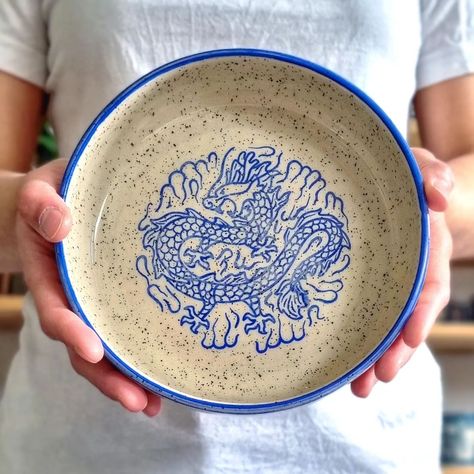 Dragon pasta bowls🐉I'm moving onto the next phase of the Cobalt Collection and will be expanding into making ceramic plates and bowls next! Getting this design onto my pottery has been a challenge and I've still got a few things to work out before they can be sold, but the ones that did work came out stunning. Pasta Bowl, Bowl Designs, Pasta Bowls, Pottery Painting, Ceramic Plates, Plates And Bowls, Cobalt, Clay Art, Pasta